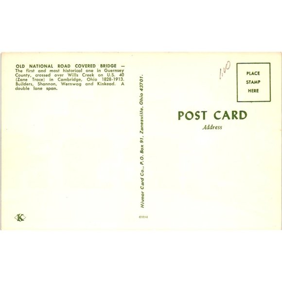 Old National Road Covered Bridge Postcard Guernsey County Cambridge Ohio 1828-19 - Picture 2 of 2